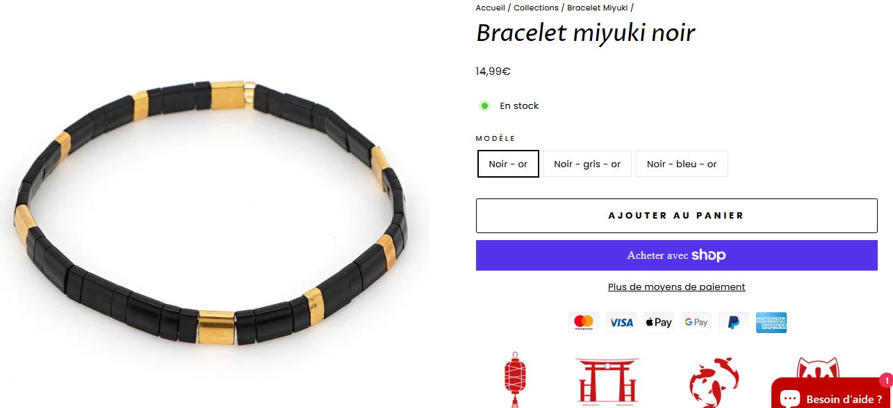 Fiche produit bracelet Miyuki noir - Tenko